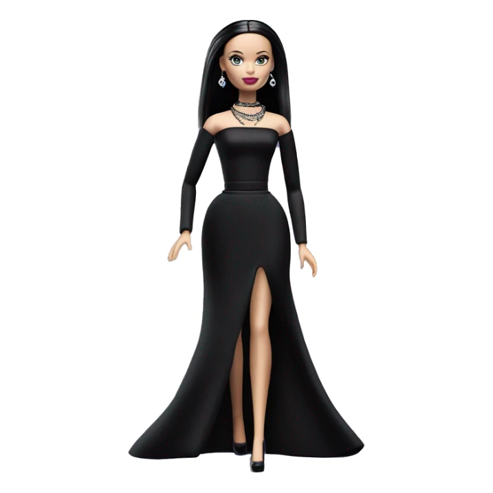  Elegant Wednesday Addams Barbie.  Small light skin face. Earrings with matching necklaces Longer hair. black flowing strapless tight evening gown neckline that’s off-the-shoulders shows her legs and black high heel shoes. sticker