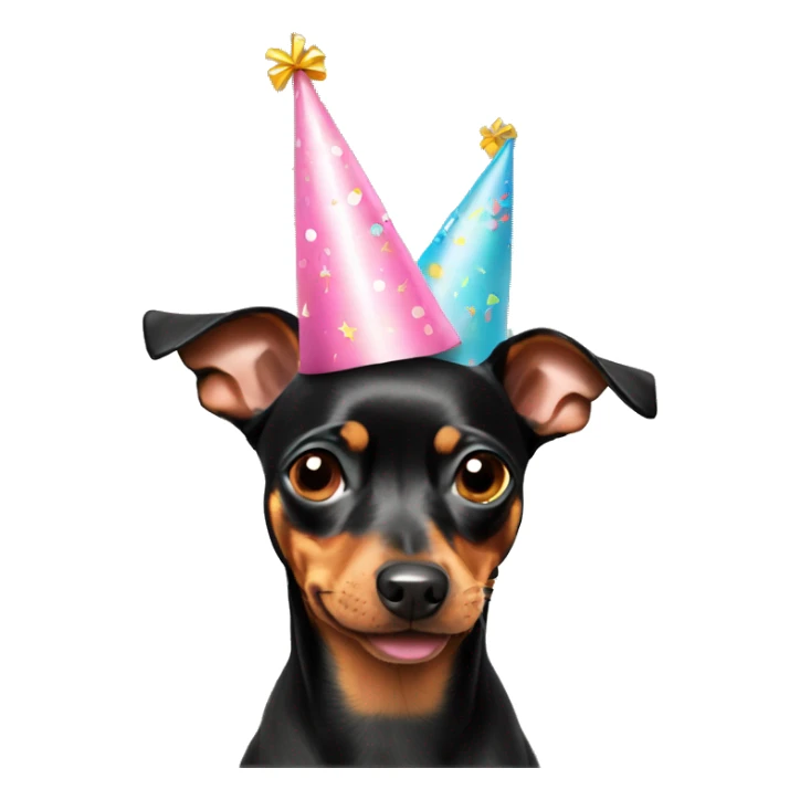 Miniature Pinscher wearing birthday hat sticker