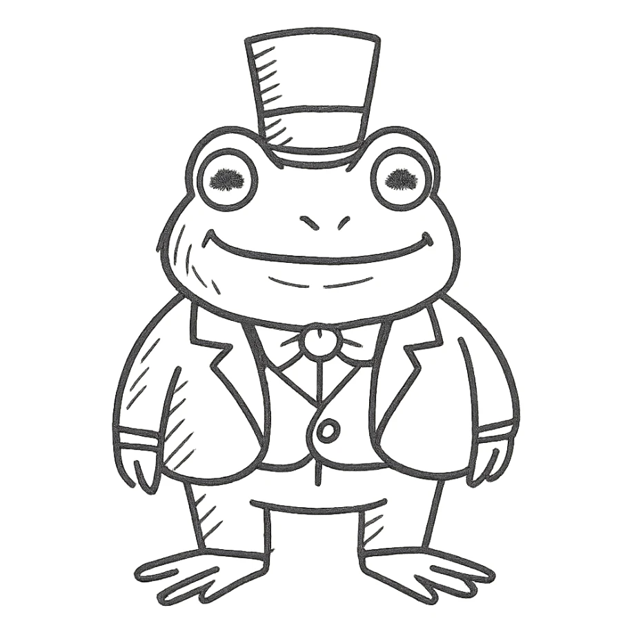 hand-drawn frog in a green suit with a top hat looking wealthy sticker
