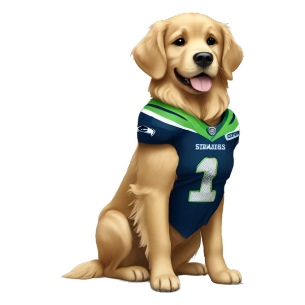 Golden retriever wearing Seahawks jersey sticker