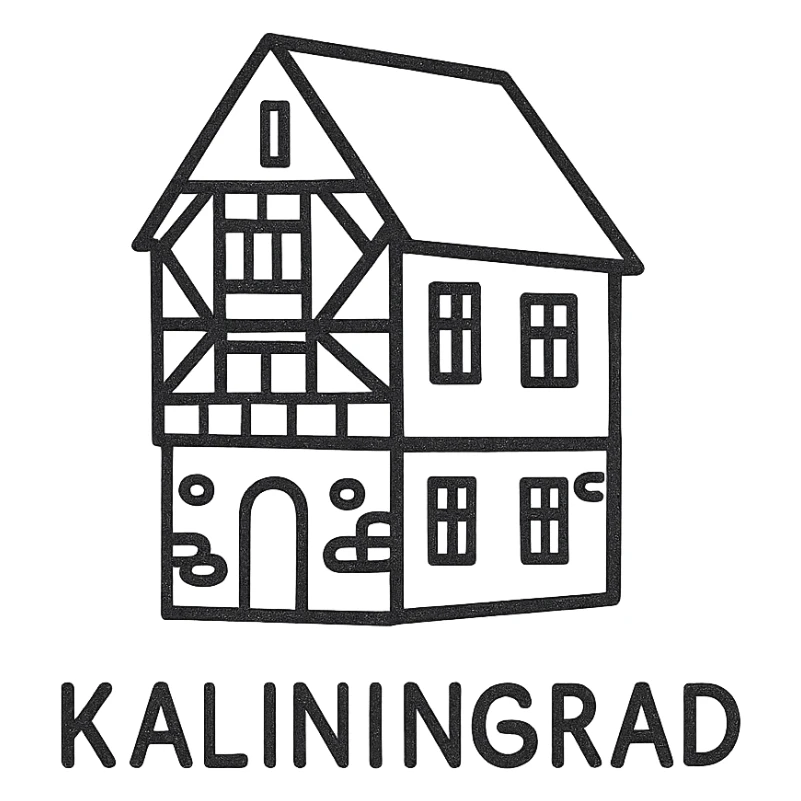 Icon of a house in Kaliningrad, hand drawn, black outlines, no fill, simple and clean, angled view sticker
