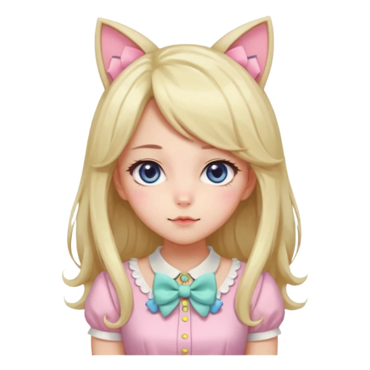 Gorgeous spectacular epic realistic anime-styled smooth soft shiny romantic pastel anime style lady with blushing cheeks, cat ears, long beautiful luscious stylish hair, big pretty eyes, cute colorful pastel dress and skirt and bow ties, and necklace sticker