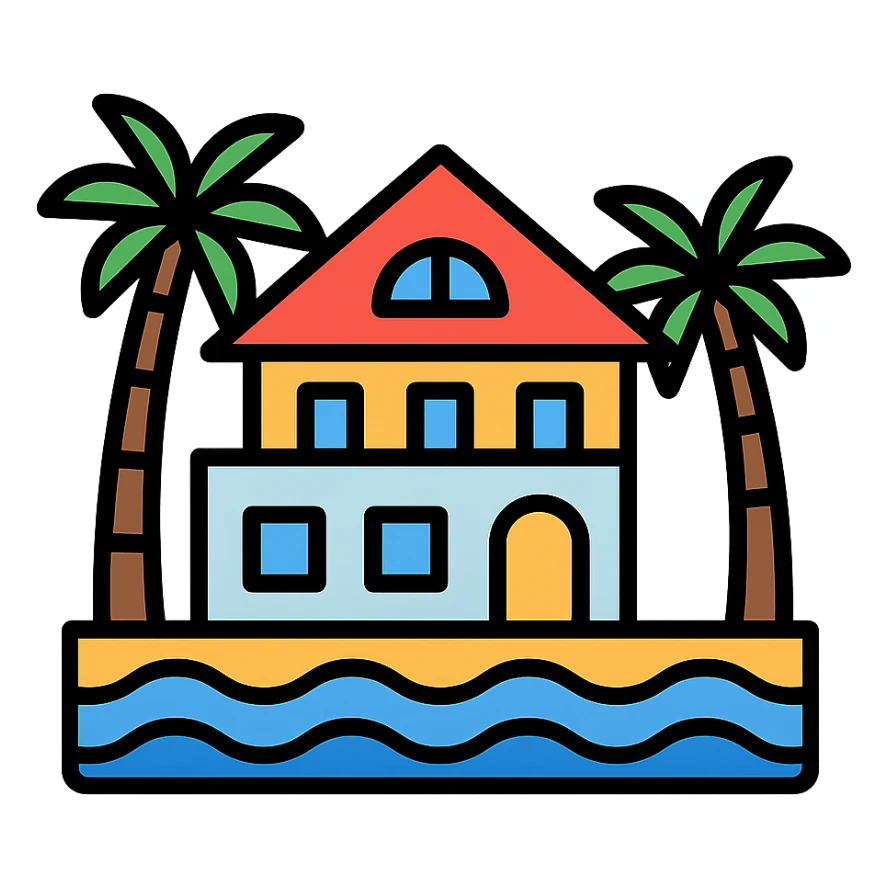 luxury mansion, tropical villa, palm trees, ocean view, icon style sticker