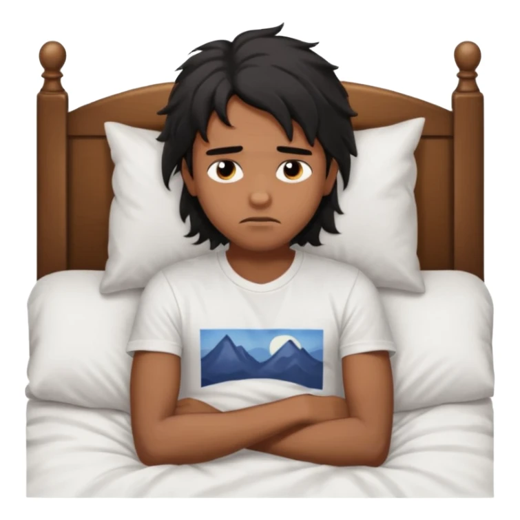 generate a pretty bratz brown skinned boy with black messy long hair wearing a white tshirt sitting in his in bed. Looking sleepy sticker
