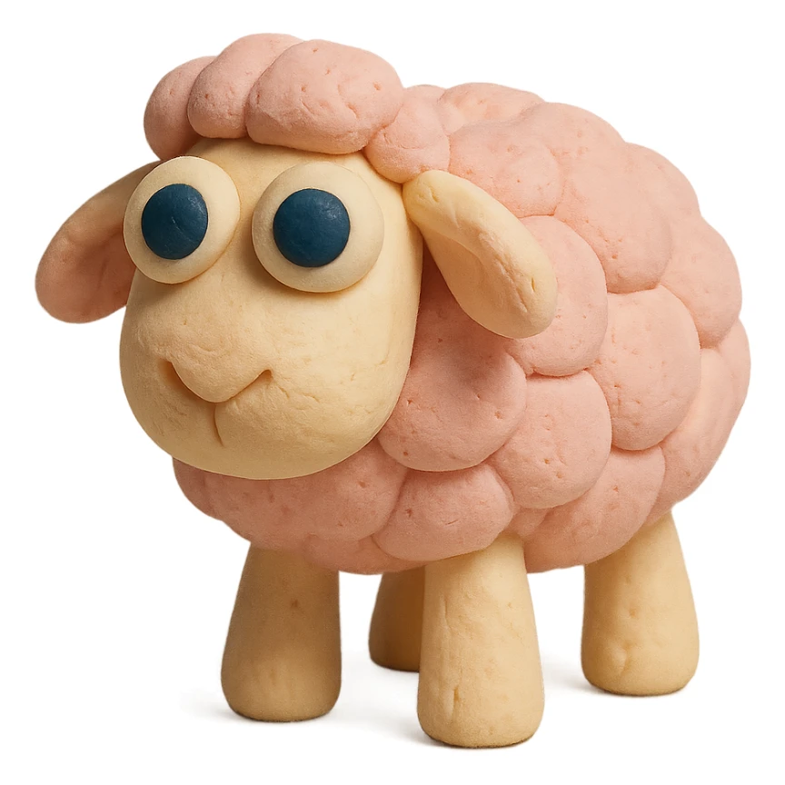 cute sheep with big eyes, soft pastel colors, hand-molded details, claymation style sticker