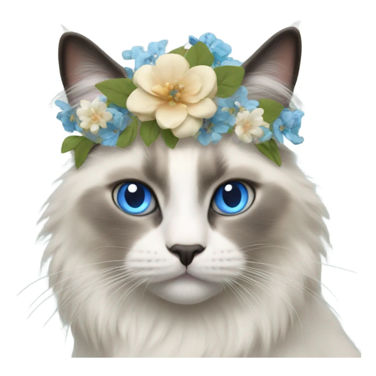Realistic ragdoll cat with blue eyes wearing flowers  sticker