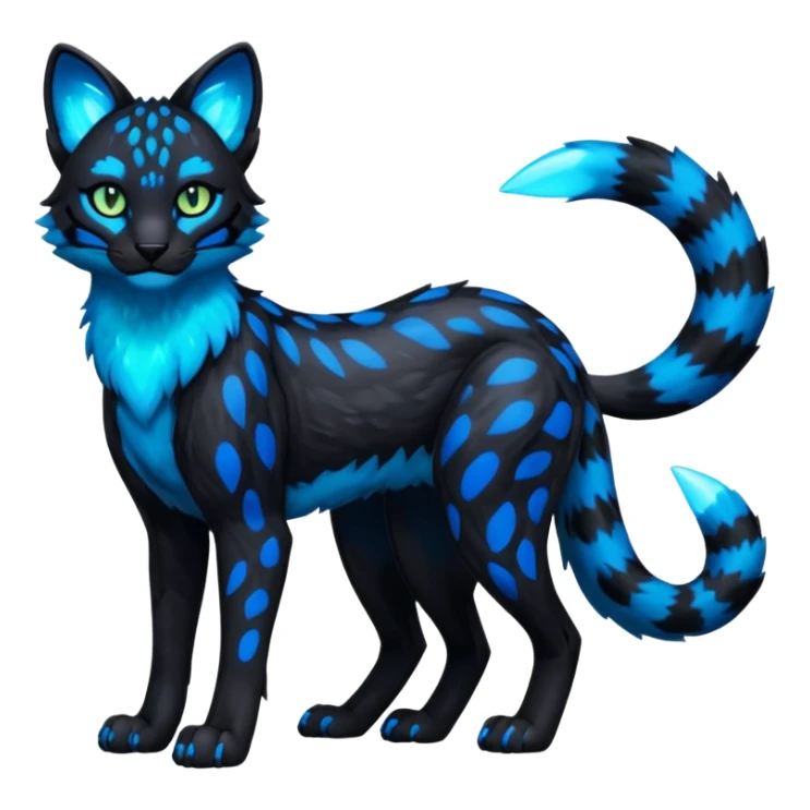 Realistic Obsidian-pitch-black fur body with neon-glowing-blue ring-markings Grem2-Gremz-serval-panther-Sergal-fusion, full body  sticker