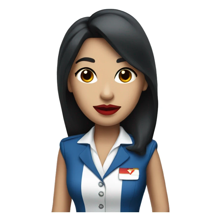 Flight attendant with long black hair, red lips and a blue uniform sticker