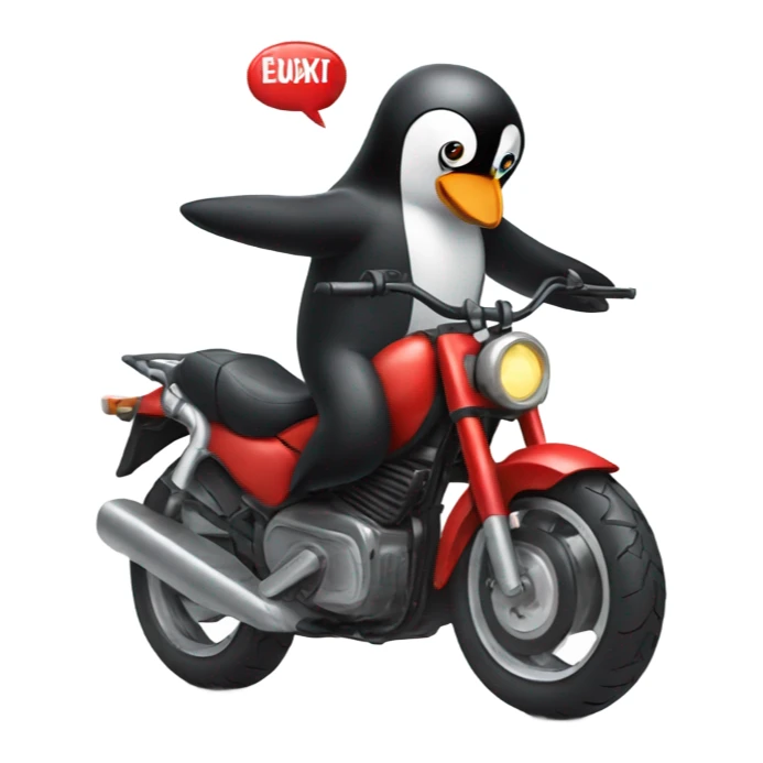 A penguin riding a motorbike making a rock sign like Spider-Man sticker