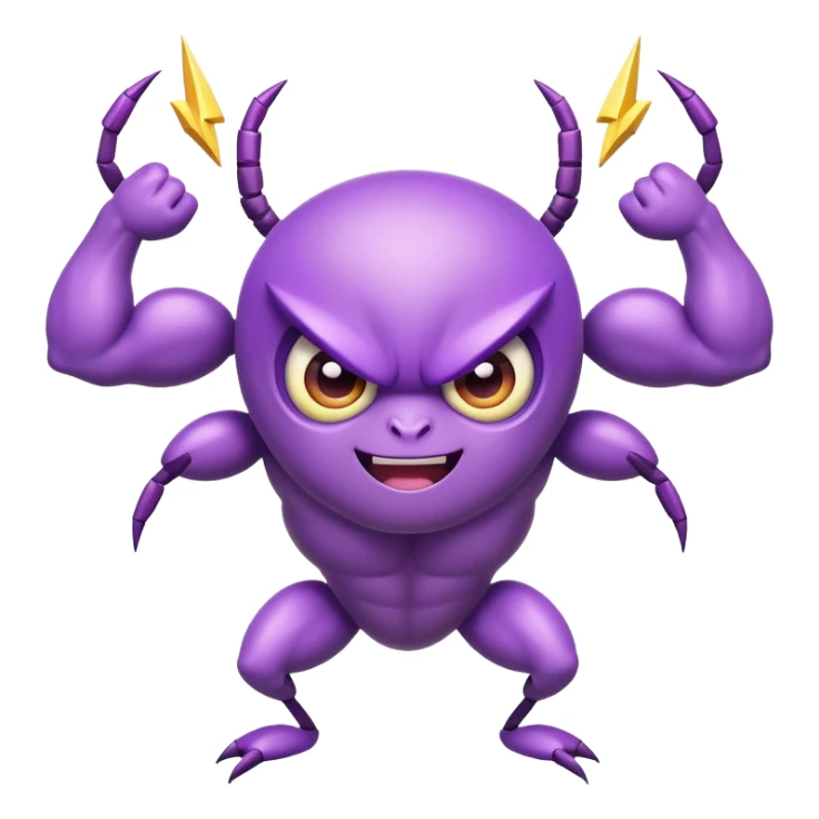 cute purple bug with big expressive eyes, strong muscular arms, a fun happy expression, and electric lightning bolt arms sticker
