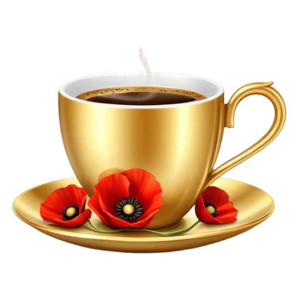 A luxurious golden coffee cup with an elegant curved handle, filled with steaming espresso. The light reflects off its metallic surface, creating a cozy and sophisticated ambiance and red poppies  sticker