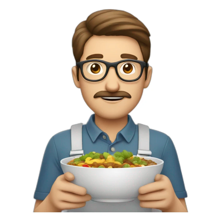brown hair white guy with mustache wearing full rounded glasses with meal in hands sticker