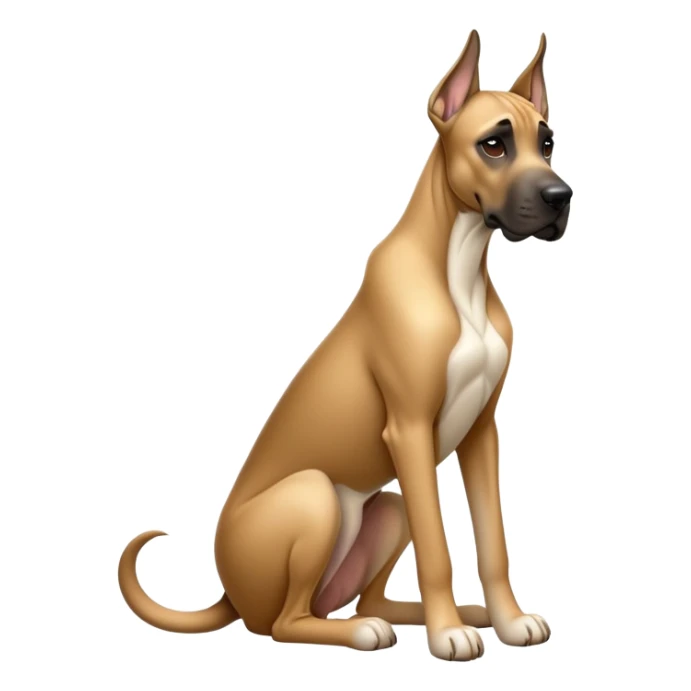 cinematic-[fawn great dane]-realistic-full-body-sitting-emoji,-tail-resting-loosely-beside-its-paws,-head-tilted-dramatically,-sleek-[fawn]-fur,-simplified-yet-realistic-focused-features,-highly-detailed,-glowing-with-an-almost-sarcastic-glow sticker