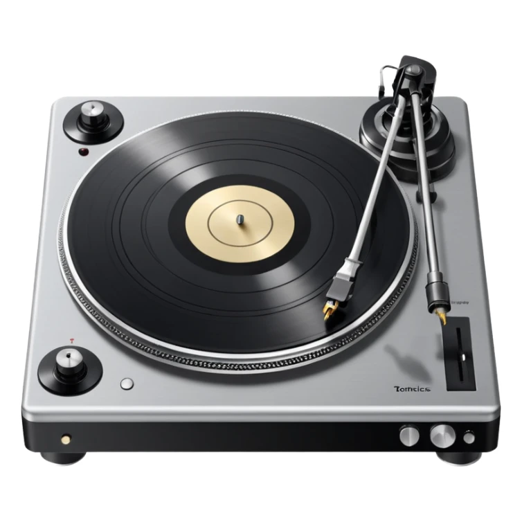 Technics turntable, perfect proportions, smooth wax-like texture, detailed platter and tonearm, silver and black color scheme sticker