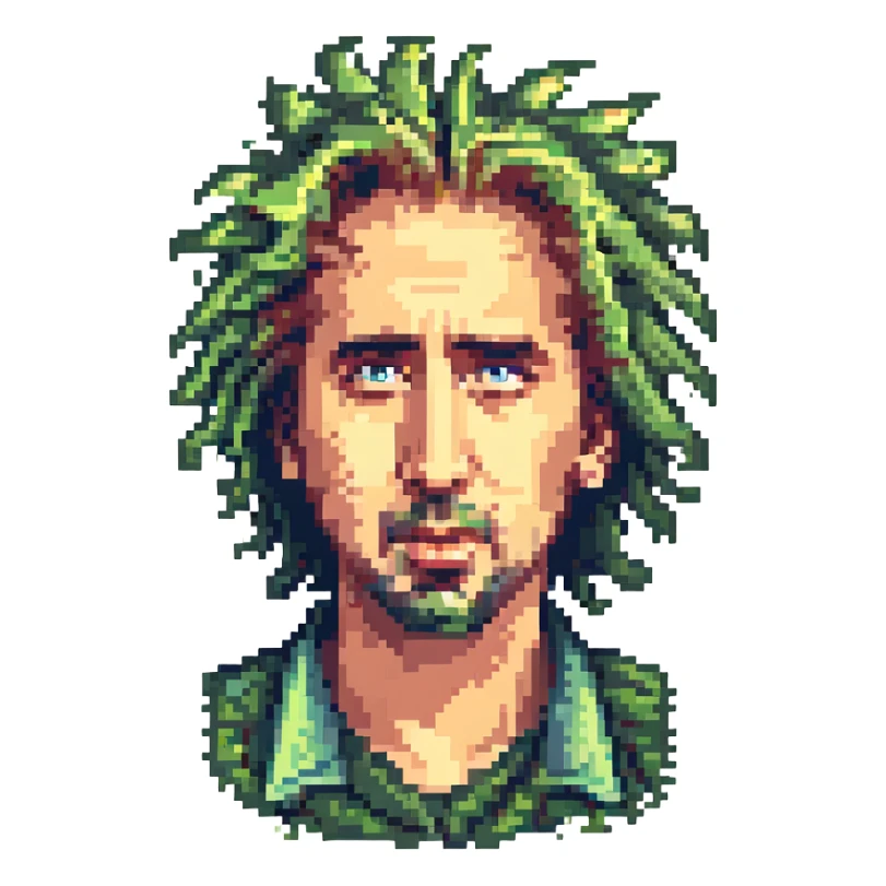 Nicholas Cage with wild hair, expressive face, pixelated, 8-bit color palette sticker