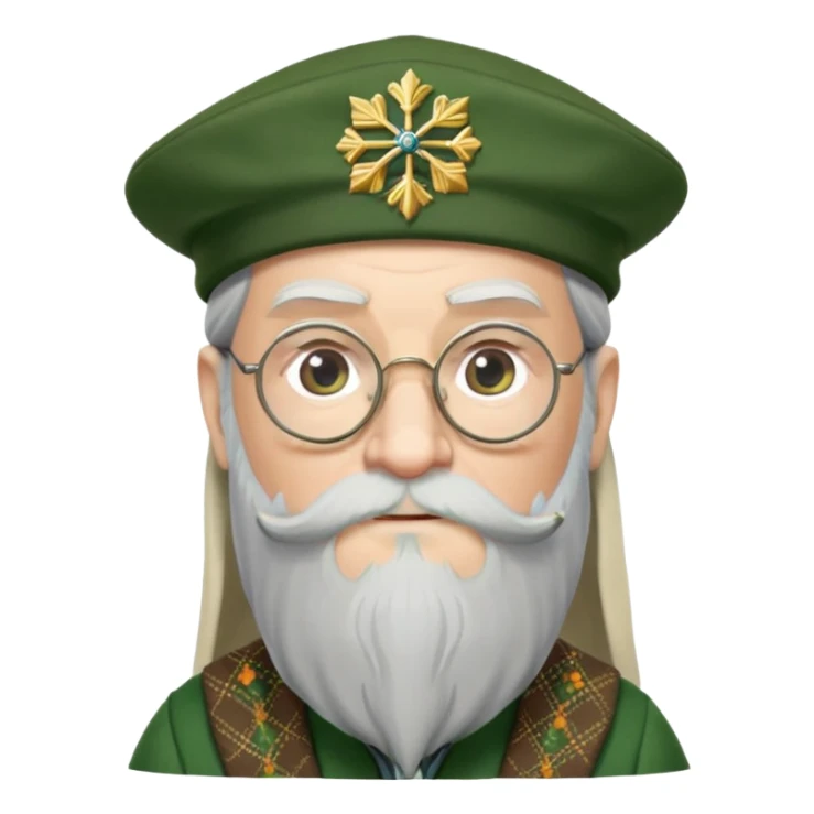 Dumbledore wear green scotland Tam o'shanter cap with decorative patterns, wear glasses, very long beard sticker