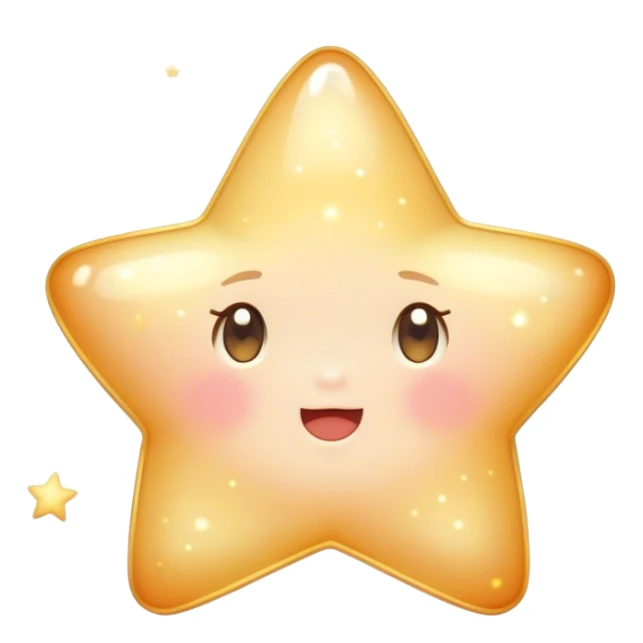 Cinematic cute sparkling star, chubby rounded edges, golden glow, tiny blushing cheeks, warm and gentle shine, twinkling softly in a pastel night sky. sticker