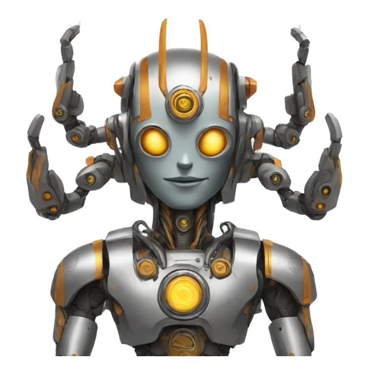 a high-tech metal robot with several arms like an indian god sticker
