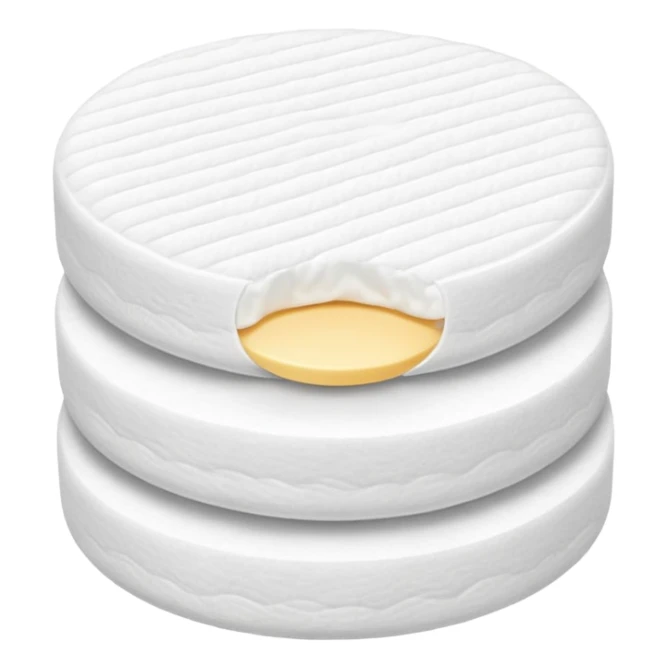 small stack or pair of soft, round white cotton pads, slightly textured with gentle quilted or smooth surface, soft edges, subtle layering to show thinness and softness, clean minimal 3D look, soft lighting, no packaging or extra elements, no faces, transparent background, emoji scale sticker