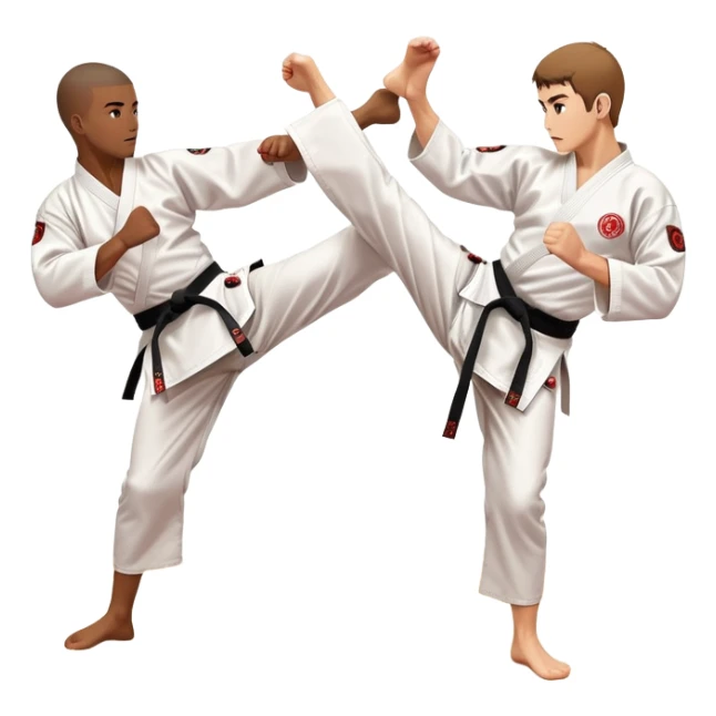 Two karate fighters in traditional gi sparring. One executes a high kick aimed at the opponent’s head, while the other blocks with a strong hand defense. The background features a classic dojo with wooden flooring and banners. Dynamic motion and focused expressions. Transparent background. sticker