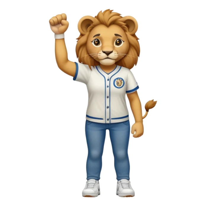 friendly anthropomorphised female lion wearing a baseball shirt, jeans, trainers, standing upright with one fist raised, looking determined and confident sticker