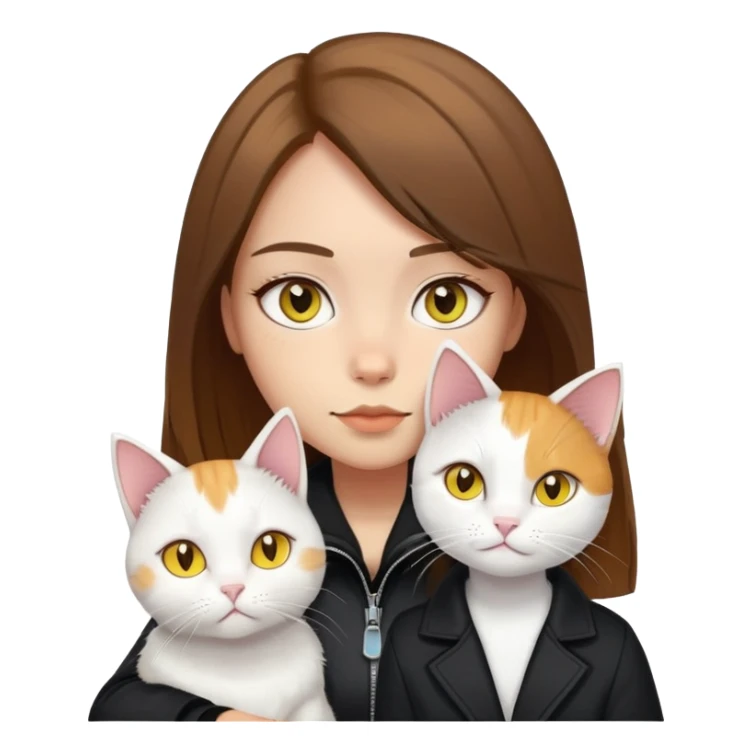 Light-skinned girl with brown straight hair wearing a black jacket, with a pure white cat with yellow eyes and a calico cat sticker