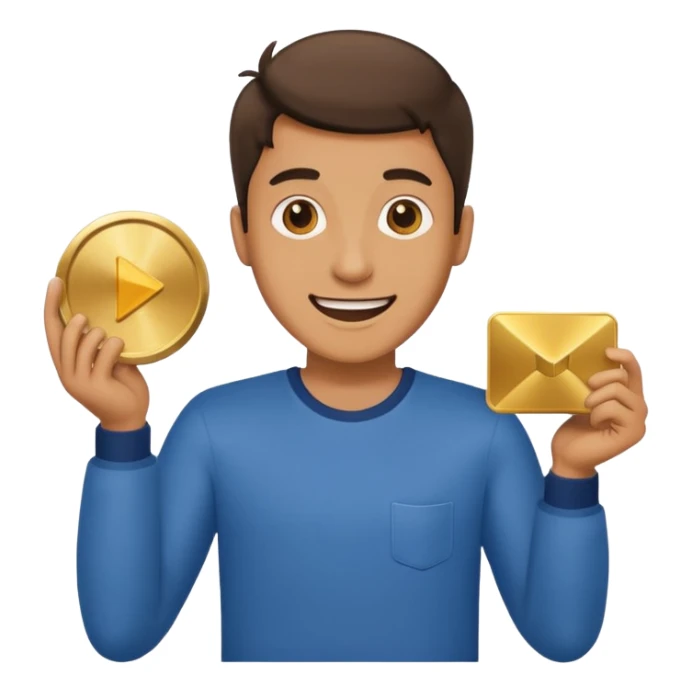 a happy man holding youtube golden play button sticker