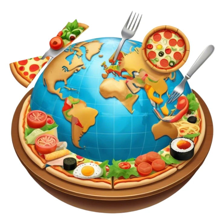 Icon for Gastronomic Tourism: a globe with various cuisines from around the world, such as pizza, sushi, tacos, and pasta, surrounded by food-related travel elements like a fork, knife, and map. Transparent background. sticker