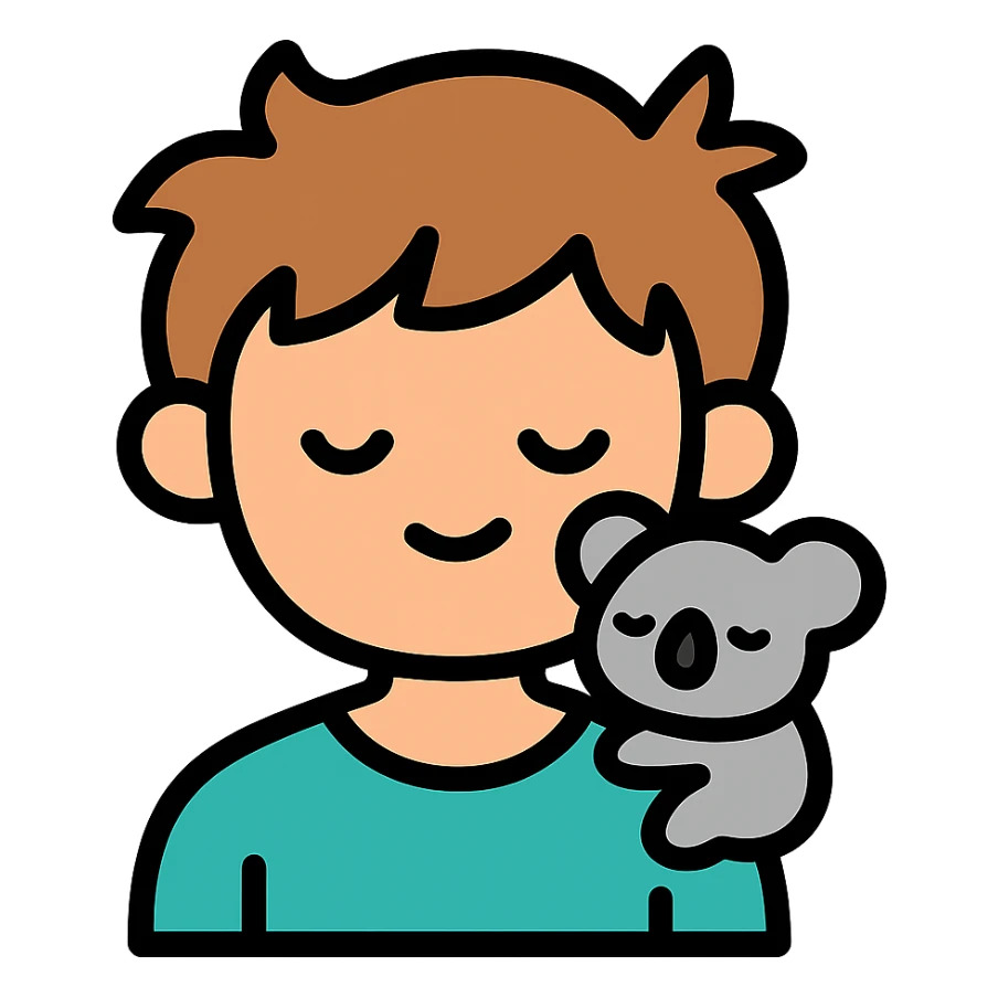 light brown messy haired boy with a very small sleepy koala on his shoulder, color outline icon sticker