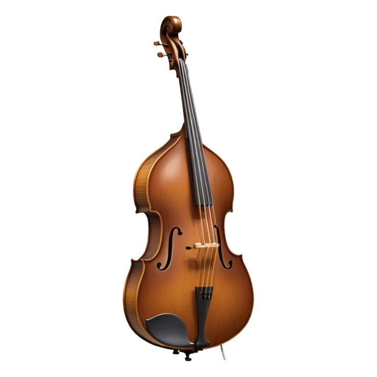 Create an elegant and detailed emoji representing a double bass with a bow. The design should feature the large, curved wooden body of the double bass with rich, dark wood tones and a smooth, polished finish. Include the long neck and scroll at the top of the instrument, with metal tuning pegs clearly visible. The bow should be shown beside or lightly touching the strings, emphasizing the role of the bow in producing sound. Add subtle musical notes or sound waves around the instrument to evoke its deep, resonant sound. Use warm tones like brown, gold, and ebony for the wood, with metallic accents for the strings and fittings. The background should be transparent. sticker