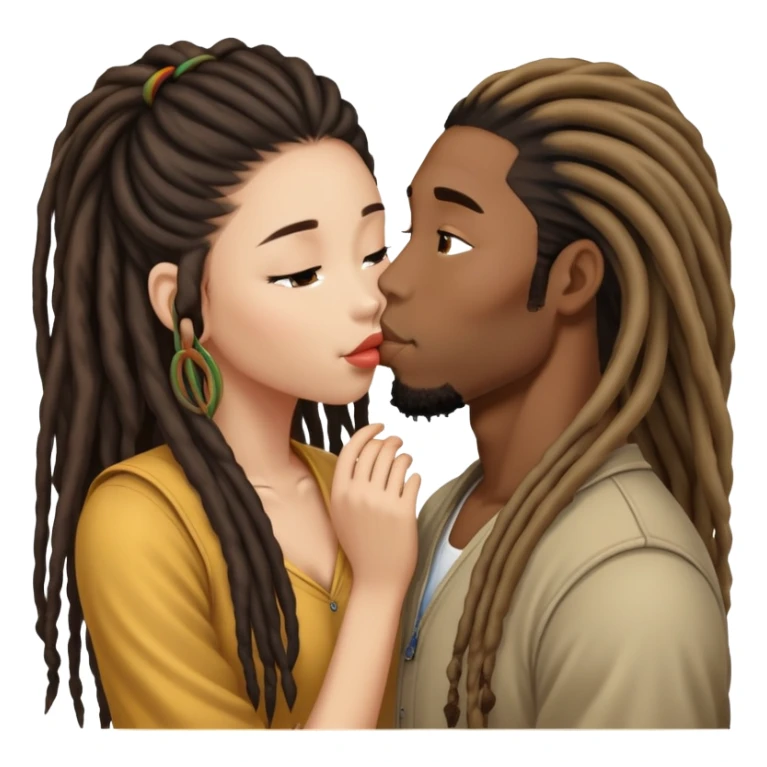 Black guy with dreadlocs kissing long haired Asian gum sticker