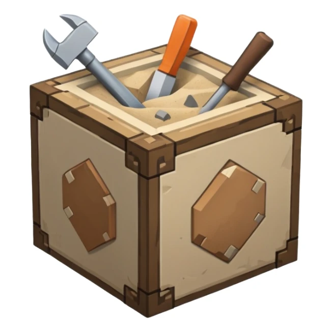 crafting table with tools, stone, wood, glass, sand, ... like a minecraft style cube crafting table  sticker