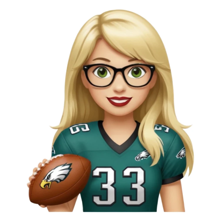 full length women wearing eagles uniform, long blonde hair, styled bangs, green eyes, black glasses, holding football, number 33, smiling, lipstick sticker