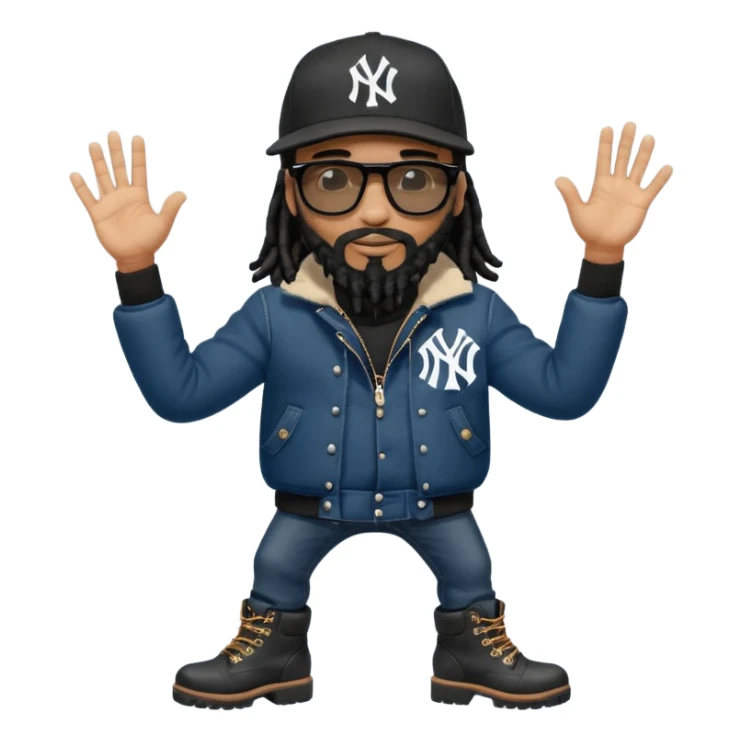 African American man with shoulder length black dreadlocks with black beard wearing black sunglasses wearing a New York Yankees logo baseball cap wearing a dark black bubble winter coat wearing denim skinny jeans and Timberland boots hand giving a high five sticker