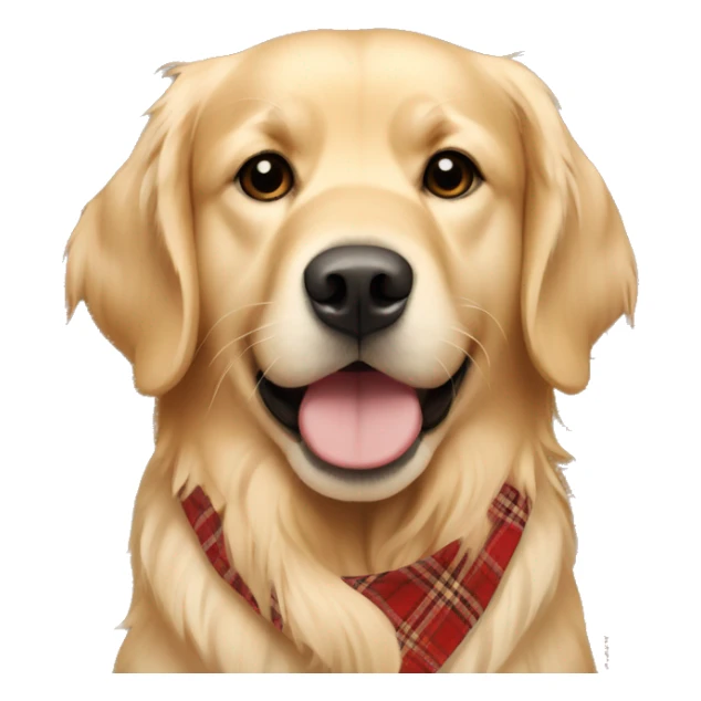 Beige golden retriever face wearing a plaid bandana sticker