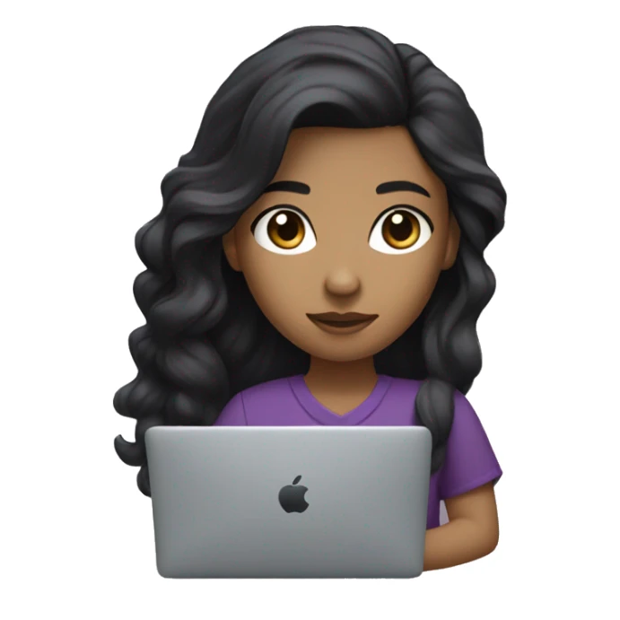 Programmer girl with black wavy hair with macbook. With black eyes, and tan skin, and a dark purple shirt sticker