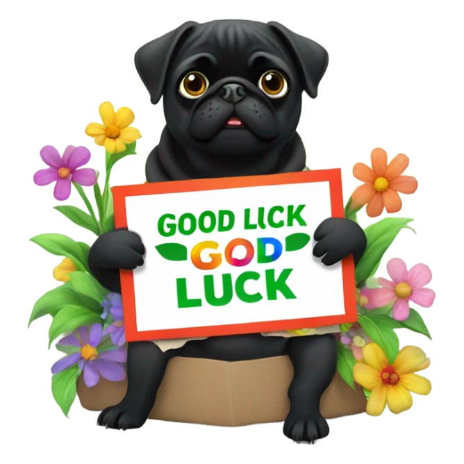 Black pug , surrounded by flowers, holding a green sign that says “good luck”  sticker