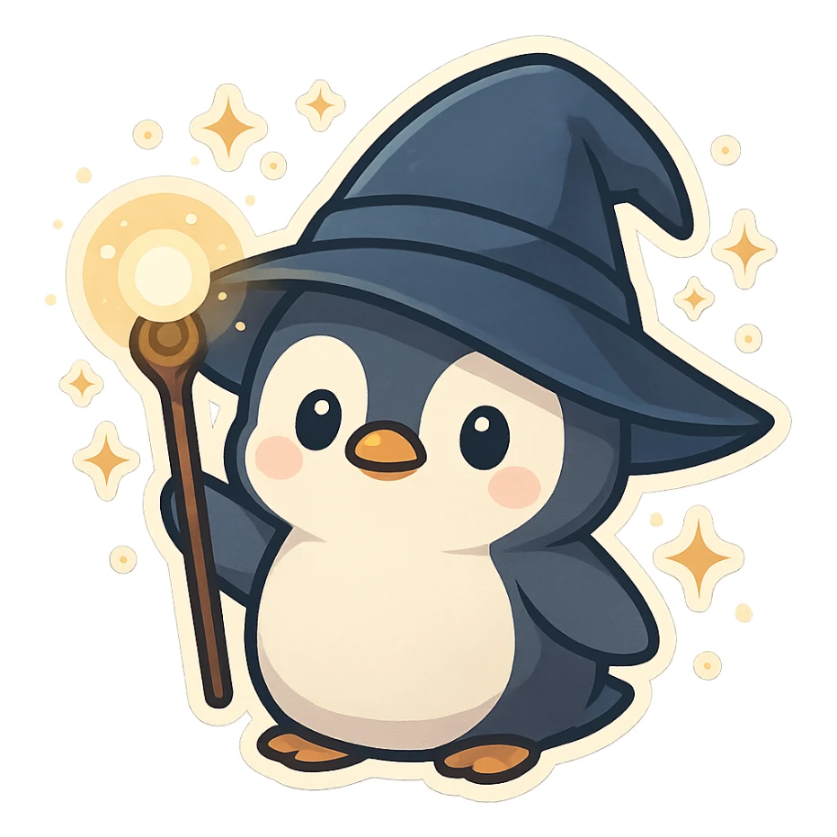 adorable chibi penguin wizard with oversized hat, holding a glowing staff, surrounded by magical sparkles sticker