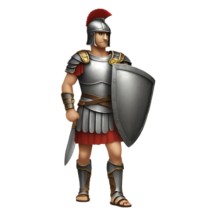 An ancient Roman legionnaire, full length, head slightly turned to the left, left hand palm up, showing, holding a shield with his right hand, helmet on his head, straight torso, realistic sticker