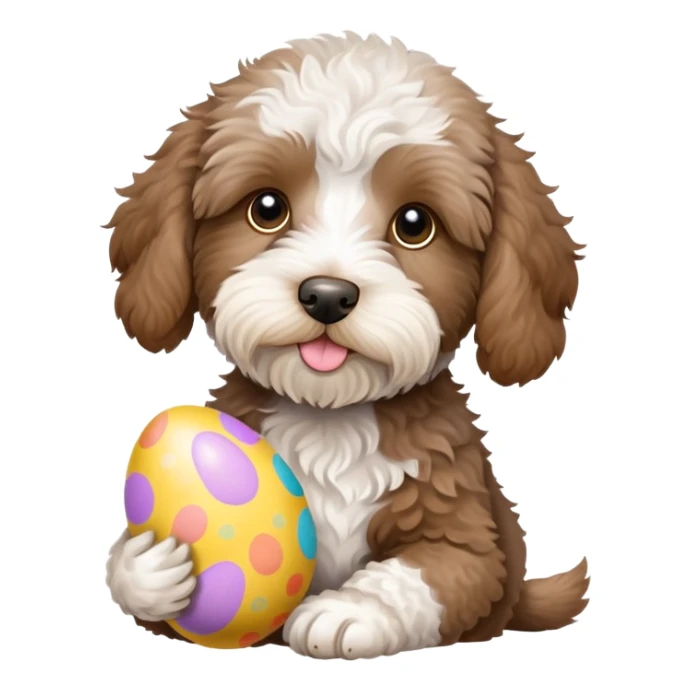 Aussie labradoodle Merle brown with white chest. It’s a puppy holding an Easter egg sticker