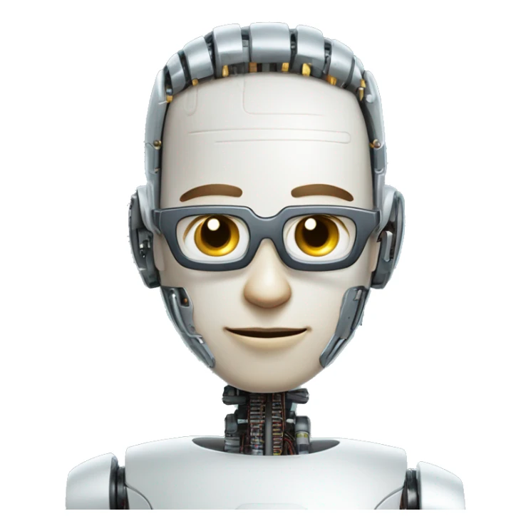 Robotic Cyborg head with fair skin, flat top haircut, rectangular glasses, circuits and smiling  sticker