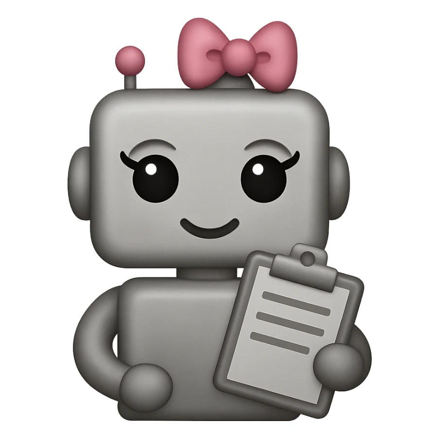 Create an image of a recruiter robot emoji that is even cuter and more feminine, in an apple style, flat and metallic look, holding a clipboard. The background should be transparent. sticker