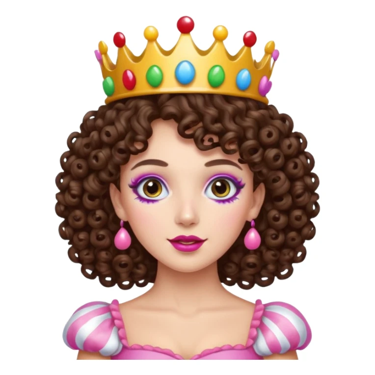 brunette curly haired queen of the candyland, with candy makeup candy crown and just face sticker