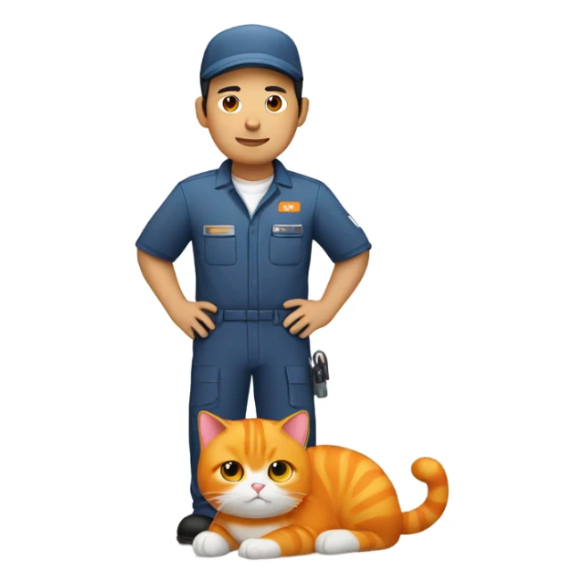 Asian man in mechanic uniform holding fat orange cat  sticker