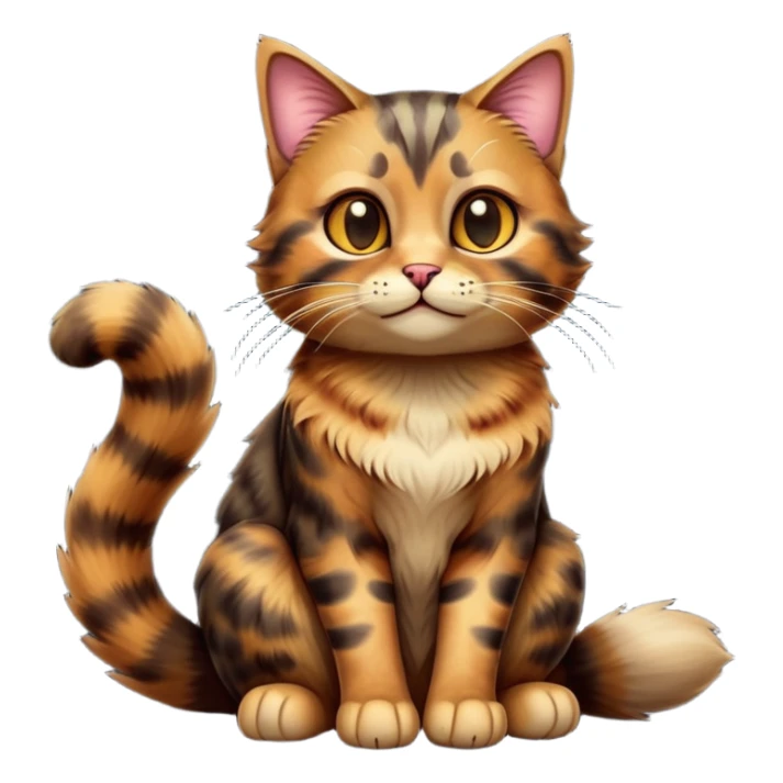 cinematic-[tortoiseshell tabby cat]-realistic-full-body-sitting-emoji,-tail-curled-playfully-around-its-paws,-head-tilted-dramatically,-scruffy-[tortoiseshell coloured]-fur,-simplified-yet-realistic-focused-features,-highly-detailed,-glowing-with-an-almost-sarcastic-glow sticker