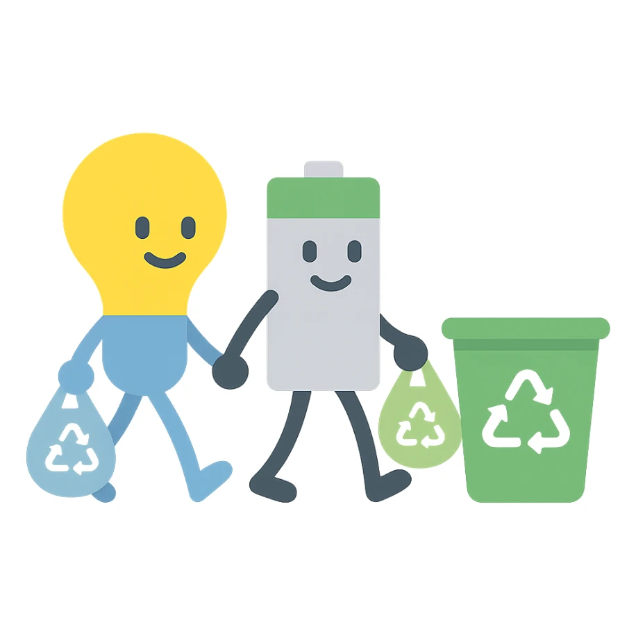 a lightbulb and a battery holding hands, each carrying bags to recycle, walking together toward a recycling bin sticker