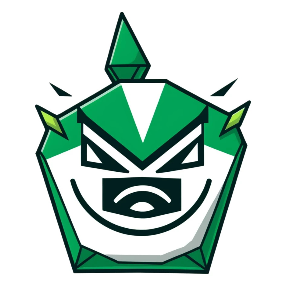 Geometric Maya style angry emoji - spam message, strictly white and deep dark green only, angular sharp lines sticker