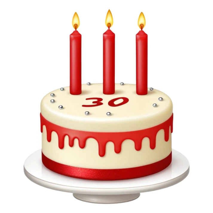 cake with red edges, glitter on top and two long, thin candles with the number 30 written on them sticker