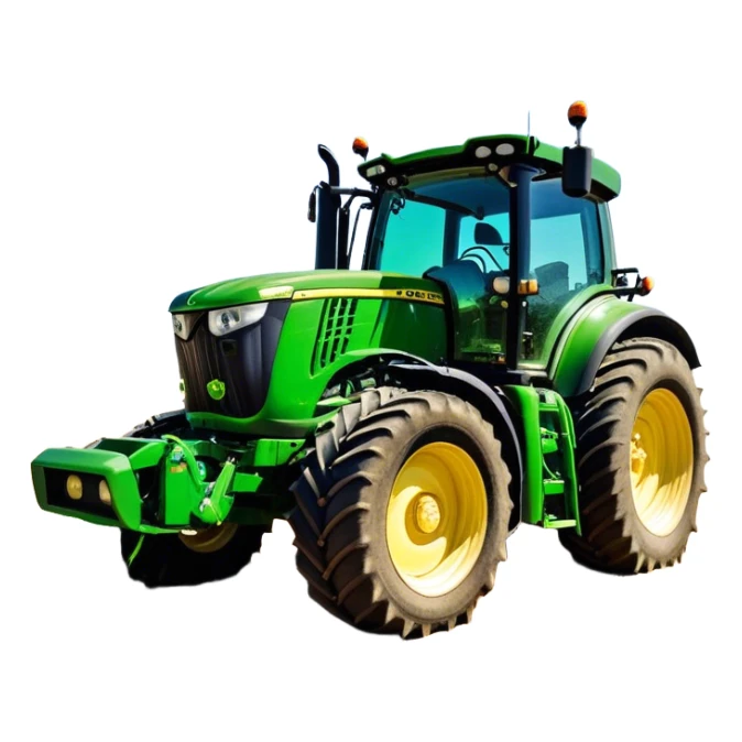 John Deere 6155M (2020) – Cinematic-realistic John Deere 6155M tractor, its iconic green and yellow body rolling across vast Australian farmlands. The powerful engine hums as it tows a massive plow, cutting through golden fields under a clear blue sky, dust rising in its wake. sticker