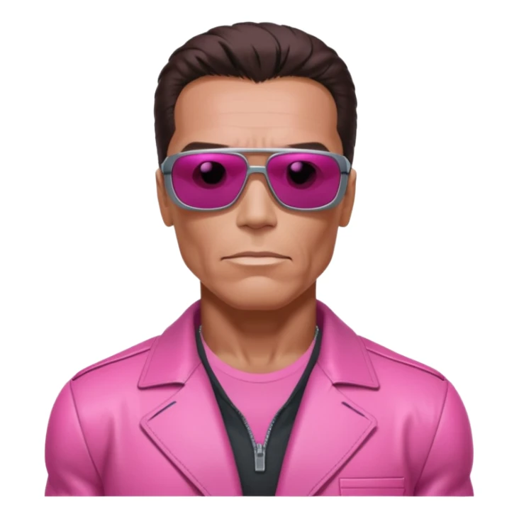 Schwarzenegger-like Terminator, upper body only, wearing his iconic clothes in pink (all clothes must be pink), looking more human with minimal robotic details, and wearing dark sunglasses, hair must be dark sticker